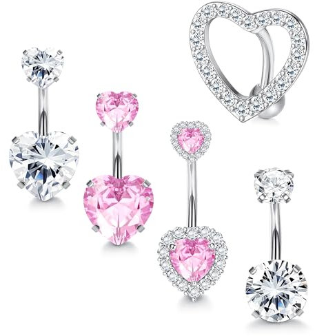 Diamday 5stk Bauchnabelpiercing für Damen 316L Chirurgenstahl Bauchnabelpiercing Ring CZ Herz Piercing Bauchnabel 14G Barbell Clicker Bauch Piercings Nabel Bars Nabelring Piercing Schmuck