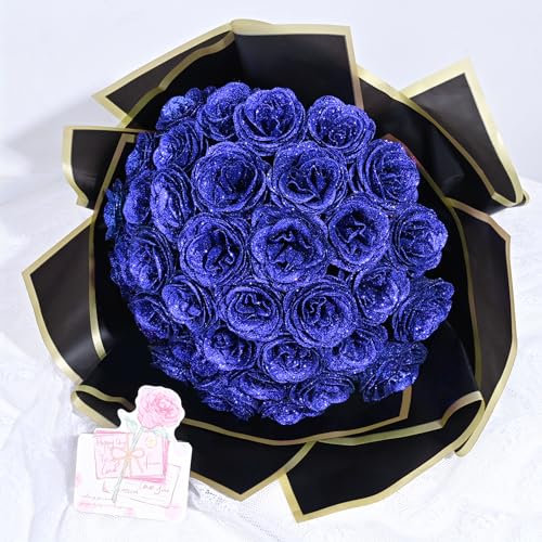 Waipfaru Ramo de Rosas con Purpurina, Ramo de Flores Falsas con Purpurina, Ramo de Rosas Azules Artificiales Brillantes eternas para Regalos del día de la Madre, Aniversario, Compromiso, Boda, 24