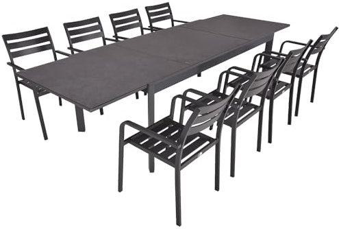 Lomadox Gartenmöbel Tischgruppe 9-TLG. in anthrazit mit Ausziehtisch und 8 Stapelstühlen