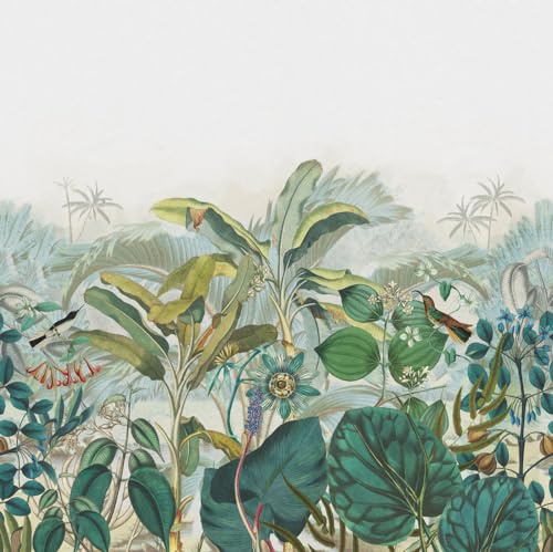 Rasch Carta da parati 543650 – Carta da parati fotografica su tessuto non tessuto con foglie, fiori e uccelli nei toni del verde e blu della collezione Curiosity, 2,65 m x 2,65 m (lunghezza x