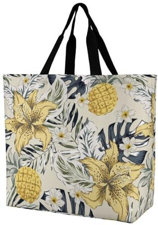 Niapessel Wiederverwendbare Einkaufstaschen, wiederverwendbar, faltbar, mit Griffen, strapazierfähig, für Lebensmittel, tropische gelbe Lilie, Ananas bedruckt, Tropische gelbe Lilie, Ananas,