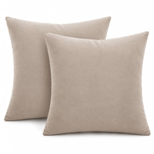 Aspire Homeware Velvet Cushion Covers 45 x 45cm Set of 2 Beige Decorative Square Throw Pillow Cases for Sofa Bedroom Living Room and Sofa