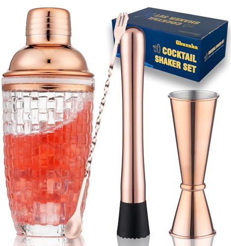 Gbuxska Juego de coctelera – Juego de coctelera de vidrio mixto, coctelera de Martini con colador para bares, whisky, cócteles (juego de oro rosa)
