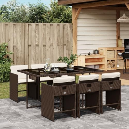 Gecheer 7-TLG. Garten Essgruppe 6 Personen, Polyrattan Sitzgruppe, Rattan Gartenmöbel Set, Balkonmöbel Set, Balkon Lounge, Gartengarnitur Set, Gartentisch Set, Terrassenmöbel Set, Kissen, Braun