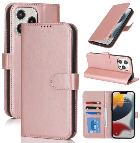 Zouzt Hülle für iPhone 13 Pro 6,1-Zoll, Stoßfestes PU Leder Handyhülle Lederhülle Klapphülle mit Kartenhalter und Standfunktion Flip Leather Wallet Phone Cover (Roségold)