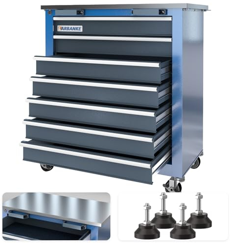 LARBANKE 7-Schubladen Rollende Werkzeugschrank,mit 360°Abschließbaren Rädern und Gepolsterten Füßen,Werkzeugkasten mit Schlüsselfertigem Schließsystem und Schubladeneinlagen