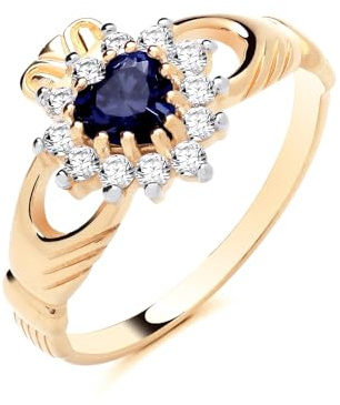 Old English Jewellers 9ct Yellow Gold on Silver Sapphire & CZ Irish Claddagh Ring Love Loyaly & Freindship size J to U (J)