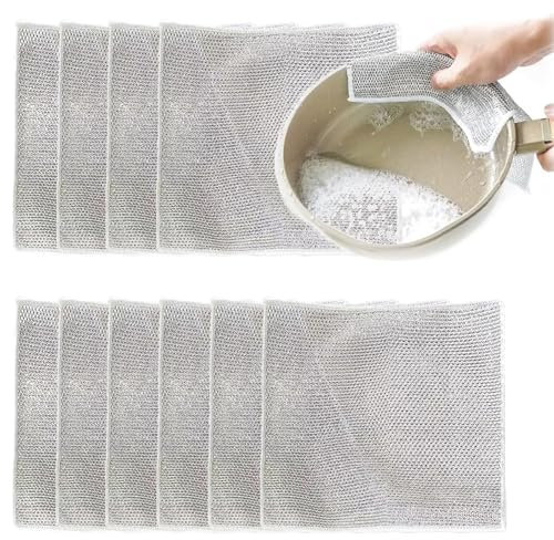 10 Pcs Multipurpose Wire Dishwashing Rags,Multipurpose Stainless Steel Cloth,Multipurpose Non-Scratch Scrubbing Wire Dishwashing Rags for Scrubbing and Cleaning Dishes,Pots,Sinks,Wet and Dry(Silver)
