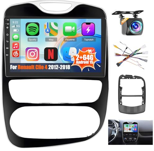 Hikity 8 Core 2+64G Android Radio Pantalla para Renault Clio 4 2012-2018 Wireless Carplay Android Auto, 9'' Pantalla Táctil Estéreo Radio con Bluetooth 32EQ DSP GPS FM/RDS SWC Cámara Trasera