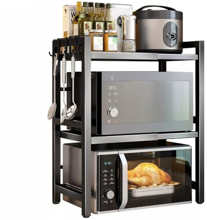 Rainbow Tree 3-Tier Microwave Oven Rack, Expandable Microwave Stand, 3 Tier Metal Kitchen Countertop Organizer Shelves, Bakers Racks for Kitchens Black