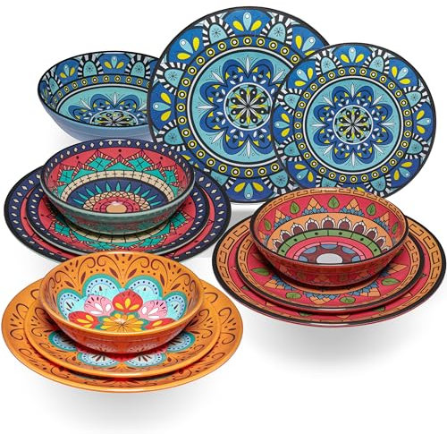 Melamin Geschirr Set Toskana Pastel für 4 Personen - 12 Teile - BUNT - Mandala-Optik Spülmaschinengeeignet Essgeschirr Campingzubehör Campinggeschirr Wohnwagen Camping Festival Picknick Gartenparty