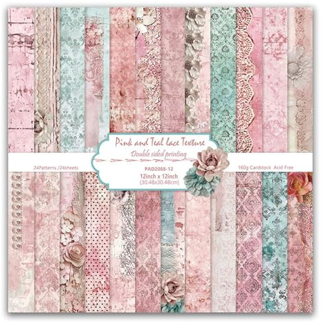 MerwDeeyt Scrapbook Papier Vintage Bastelpapier mit Blumen Muster (Rosa) | 24 Blatt, Doppelseitiges Motivpapier, Frühling Dekorpapier, für Journal Scrapbooking
