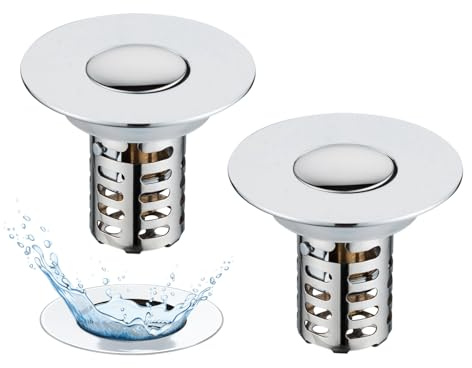Lot de 2 filtres de vidange Pop-up 3 en 1 avec Tamis et Panier filtrant Amovible en Acier Inoxydable pour lavabo de 28 à 58 mm - Noyau sphérique en Laiton chromé