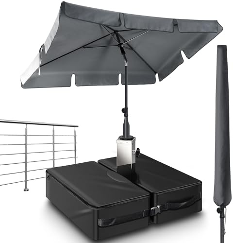 Menz 3-IN-1 Sonnenschutz Balkon Set - Sonnenschirm rechteckig 200 x 125 cm + Sonnenschirmständer + Schirmhülle - Sonnenschirm Balkon mit Ständer, Balkonschirm, knickbar höhenverstellbar, Anthrazit