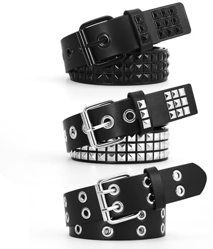 SNCEAW 3 Pcs Studded Belt Y2K Metal Goth Punk Rock Rivet Belt with Bright Pyramid Studded for Women Men (Silver+Black+Double Holes, Fit Pant 27-32 inch)