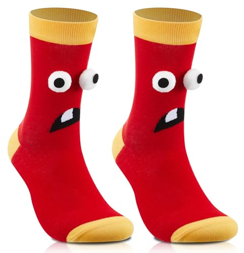Boyiee Calcetines Divertidos y Adorables Monstruo Novedoso Ojos 3D Divertidos Estampados de Dibujos Animados a Moda Peluche Suave para Día de Los Calcetines(Rojo y Amarillo)