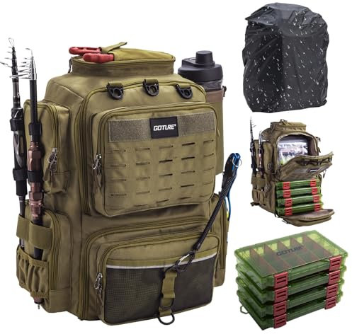 Goture Angelausrüstungs-Rucksack mit Rutenhaltern, 4 Angelboxen, 8 Ködertaschen, 45 l, 600D, große Angeltasche mit Regenschutz, A2: Khaki-Angelrucksack mit 4 Angelboxen, Khaki