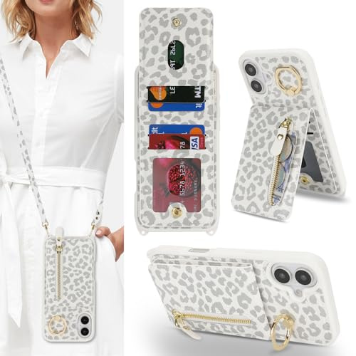 CAVOR Handykette Handyhülle kompatibel mit iPhone 16 Plus Hülle Mit Band,Flip Leder Geldborse Handytasche,[4 Kartenfach][Ring Stander][Schnalle],Handyhülle zum Umhängeband - Weiß Leopard