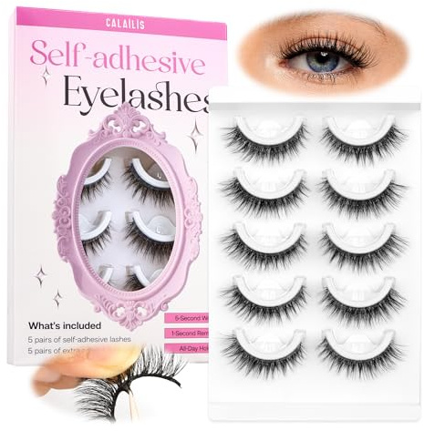 CALAILIS Selbstklebende Wimpern 5 Paare Natürlicher Look Press-on Künstliche Wimpern ohne Kleber Wiederverwendbar Cat Eye Wispy Pre Glued Fake Lashes mit Ersatzklebstreifen (C122)