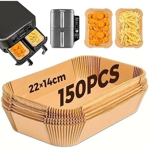 Papier Cuisson Air Fryer, 150 pièces Food-Grade 22 x 14 cm Rectangulair, Jetable Antiadhésive Sans Huile Papier Parchemin, Pour Ninja Air Fryer Foodi Dual Zone Double Stack et autres Double Airfryer