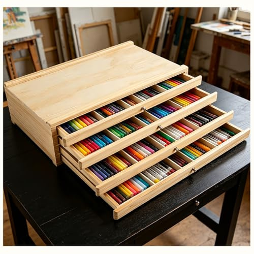 4 cassetti in legno per artisti, contenitore portatile per pennelli, penne vuote, organizer per cassetti, cassetta da pittura, 40 x 25 x 11,5 cm, per matite pastello, matite, penne, pennarelli