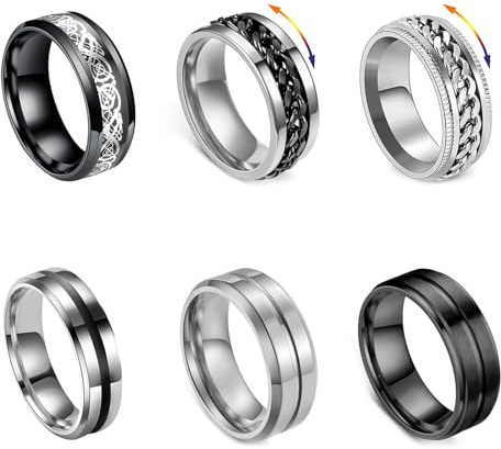 Hernin 6 piezas de acero inoxidable anillo para hombre Anillos antiestrés de acero inoxidable conjunto de hombres anillos spinner boda prometida, 12, Metal, Ninguna piedra preciosa