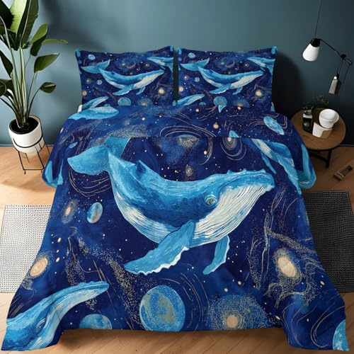 Trapunta 135 x 200 cm in microfibra alternativa e coperta in fibra sintetica fantasia pianeti di balene, morbido, con quattro stagioni, senza fodera, lavabile, blu