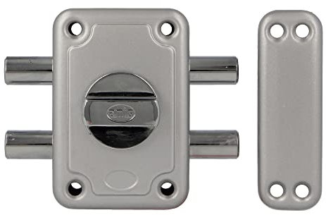 Amig - Serratura da sovrapporre con 2 perni di chiusura e stampella interna per porte in legno mod. 82-96 x 66 mm - Chiusura con cilindro rotondo di sicurezza - Acciaio smaltato Argento