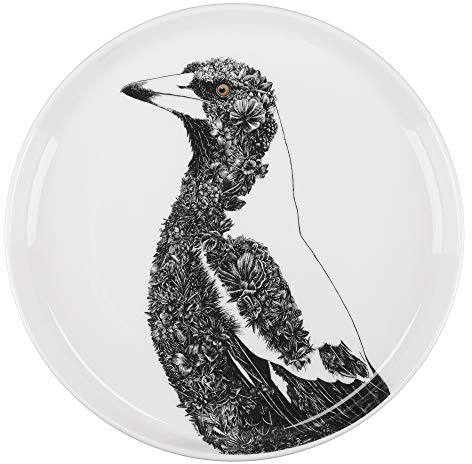Maxwell & Williams Marini Ferlazzo Birds Piattino da Dessert in Fine Porcellana Decorato con Gazza Australiana, Confezione Regalo, Colore Bianco, 20 cm