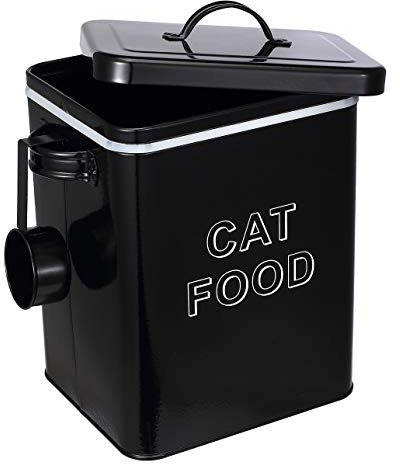 Pethiy Contenitore crocchette per Gatti, Porta crocchette per Gatti,in Acciaio al Carbonio Rivestito, con Paletta e Coperchio, per Cibo per Gatto Pet Cat,capacità 2,3 kg-Nero