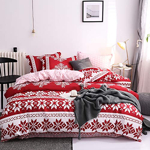 Boqingzhu Weihnachts Bettwäsche 135x200cm Rot Weiß Weihnachten Schneeflocken Punkte Rosa Wendebettwäsche Set Bettbezug und Kissenbezug 80x80cm mit Reißverschluss