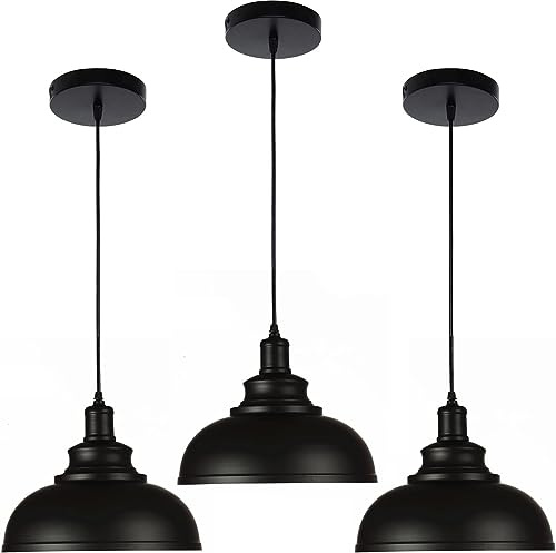 Black Dome Metal Pendant Lights - Hanging Ceiling Fixture for Industrial, Farmhouse Kitchen Island, Dining Room, Foyer (3 pack)