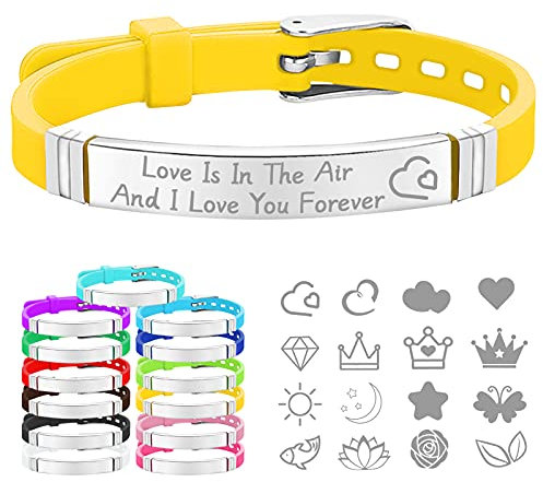 CAMAL Armband mit Gravur, Verstellbares Silikon Armband mit ID-Tag Aus Edelstahl, Personalisiertes Armband für Familie Paar Freunde (Gelb)