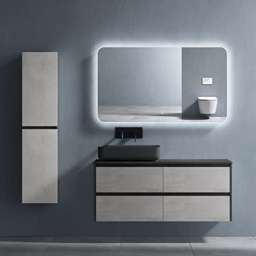 doporro Badmöbel-Set Beton 120cm inkl. schwarz Waschbecken, LED-Badspiegel | Wandhängendes Badmöbel-Set in Beton-Optik mit Mineralguss-Waschbecken, LED-Spiegel – modern & pflegeleicht Normal