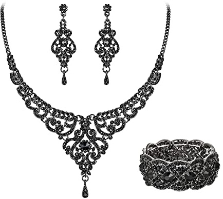 EVER FAITH Parures Cristal Rétro 1920 Vase de Bal Collier Boucles d'Oreilles Bracelet Extensible Bijoux pour Mariage Noir