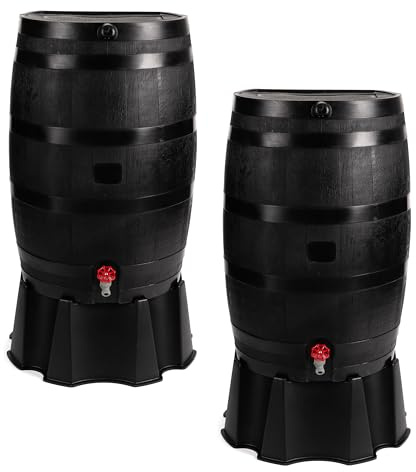 RTS Home Accents 551000802A8081 100% Recycled Polyethylene 2-Pack 50 Gallon Flat Back Rain Barrel and Stand with Link Kit, Black