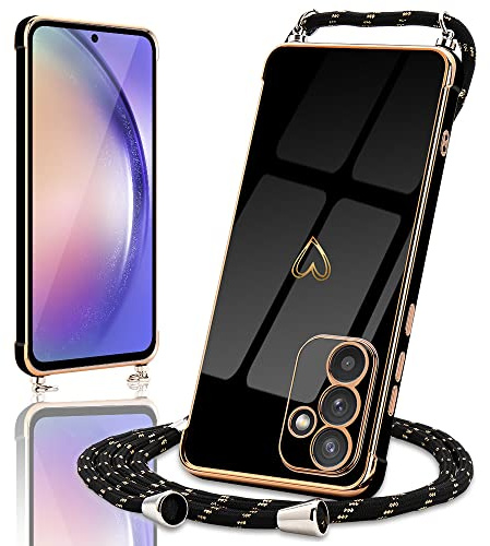 Micoden Handykette für Samsung Galaxy A54 5G Hülle mit Band Herz | Necklace Handyhülle Kameraschutz Herz Love Design Slim Galvanik Silikon TPU Case Kordel zum Umhängen Schutzhülle, Schwarz