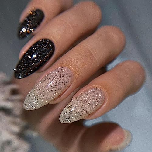 Ceboic 24 Stück Nägel Zum Aufkleben Mittellang, Mandel Französische Kunstnägel Press on Nails Schwarz & Weiß Glitzer Falsche Nägel Acryl Drücken Sie auf Nagelspitzen (Schwarz Weiß Glitzer)