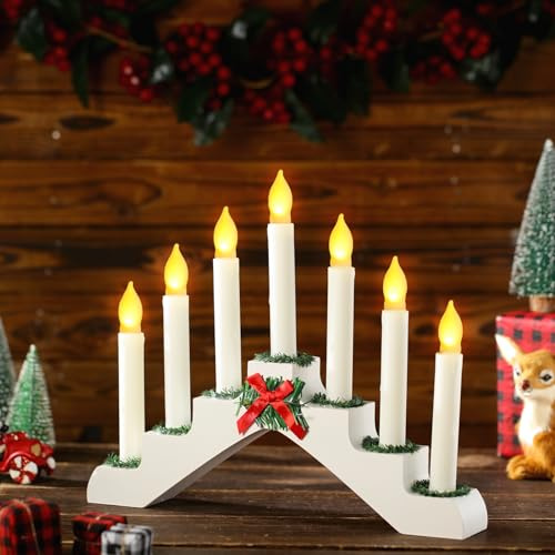 Bokon Christmas Swedish Candelabra Wooden Bridge Candle Holder with 7 Flameless Taper Candles Decorative Xmas Candle Lights for Christmas Holiday Decor, Battery Operated