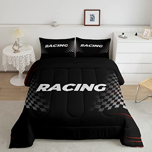 Juego de edredón infantil con temática de carreras, juego de ropa de cama con bandera a cuadros para niños, adultos, edredón suave de coche de carreras, juego de edredón acolchado blanco y negro,