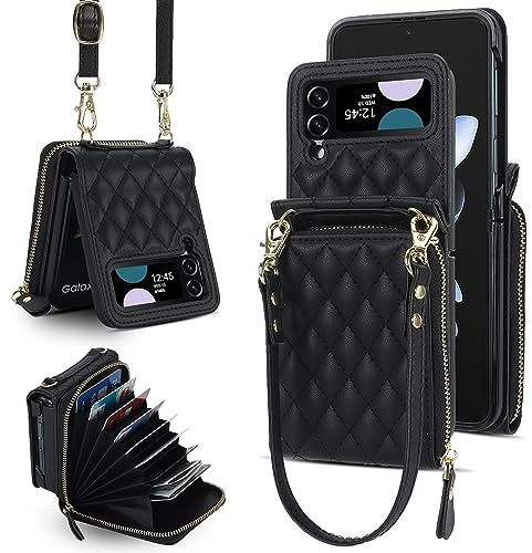 XIZYO Crossbody Zipper Leather Wallet Phone Case for Samsung Galaxy Z Flip 4, with 2 Adjustable Detachable Lanyard Straps, for Women Girls Cute Luxury Protective Cover with Card Holder, Black