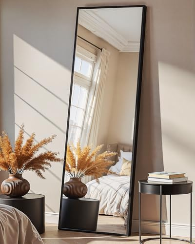 TRAHOME Full Length Floor Mirror 56x15, Standing Mirror with Aluminum Frame, Large Body Mirror for Bedroom, Living Room and Bathroom, Black
