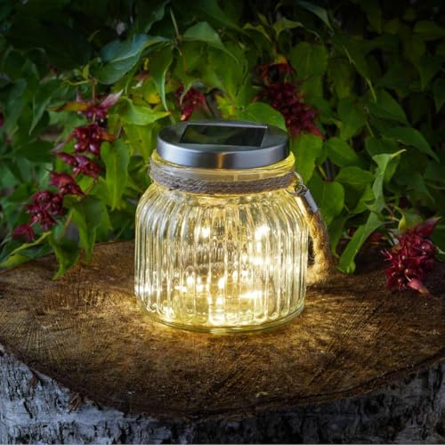 Marco Paul Solar LED Hanging Lantern Lighting for Garden Firefly Effect Light Glass Jar Light with Rope Handle Autumn Table Light Decor Outdoor Solar Powered Fairy Light