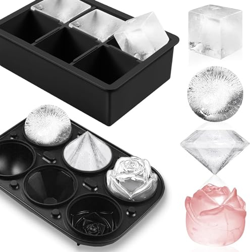Set of 2 Ice Cube Trays for Freezer with Lid,Makes 6 Large Square Silicone Molds,2 Circle Round,2 Rose & 2 Diamond Ice Molds, Silicone Fun Ice Maker for Whiskey,Cocktails & DIY, BPA Free