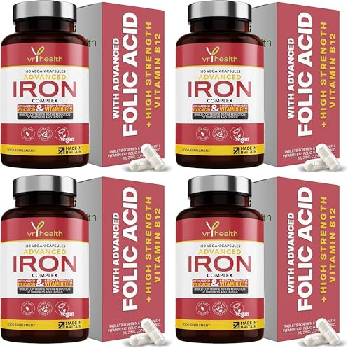 Iron Supplement, 20mg Maximum Strength Anti Fatigue Complex - 180 Vegan Capsules not Iron Tablets for Men & Women with Vitamin B12, Folic Acid, Vitamin C, B6, Zinc, Copper - Made in The UK by YrHealth