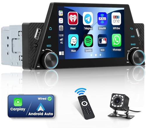 Hikity Autoradio 1 DIN con Schermo 5 Pollici Touchscreen Radio con CarPlay Andorid Auto Bluetooth/FM/EQ SWC/USB/AUX Mirror Link+Retrocamera