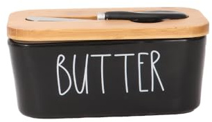 Beurrier noir avec couvercle pour comptoir, beurre en céramique avec couvercle en bois épais, décoration de cuisine et accessoires pour cadeaux de cuisine