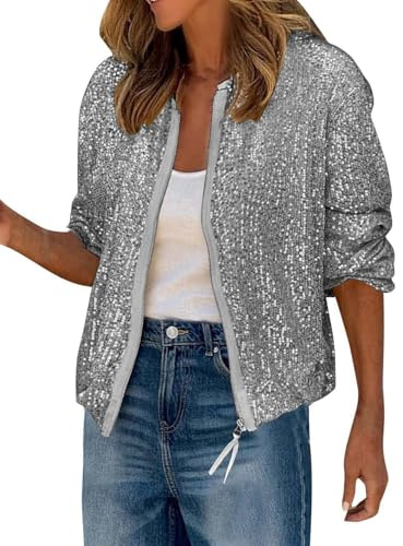 shownicer Jacke Damen Pailletten Langarm Mantel Elegant Glitzer Glänzend Bomberjacke Bikerjacke Übergangsjacke Mit Reißverschluss Herbst Frühling Festlich Jacke Outwear