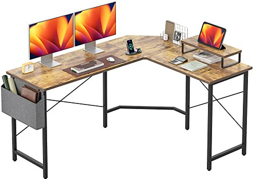 CubiCubi Gaming Tisch Eckschreibtisch 150x120cm, Schreibtisch mit Monitorständer und Seitlicher Aufbewahrungstasche, Gaming Schreibtisch L Form, Computertisch, Vintagebraun