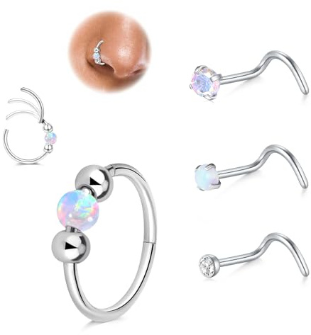 LAURITAMI 18G Opal Nasenpiercing Ring Dünn,20G Chirurgenstahl Spirale Nasenpiercing Stecker,Ohr Septum Piercing Ring Nasenring Piercing Set Nostril Tragus Conch Clicker